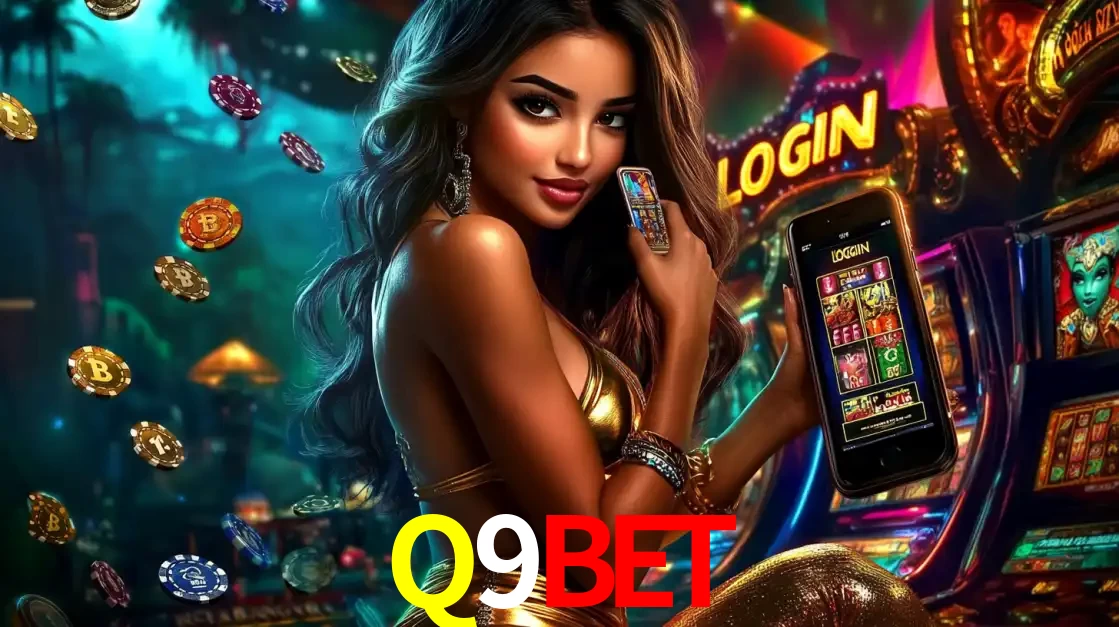 Mulher em um cenário de cassino temático de aventura, mostrando o app de caça-níqueis da Q9BET no celular. Fichas de apostas flutuam ao redor.