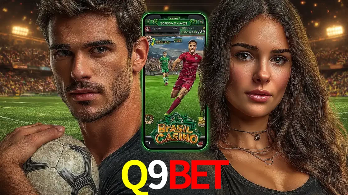 Homem segurando uma bola de futebol e uma mulher ao lado de um smartphone exibindo o jogo de apostas esportivas da Q9BET. Faça seu palpite no cassino online.